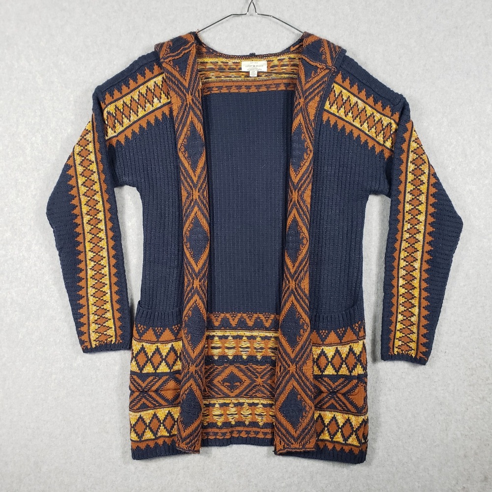 Lucky Brand Navy Blue Geometric‎ Pattern Hooded Cardigan Sweater S P